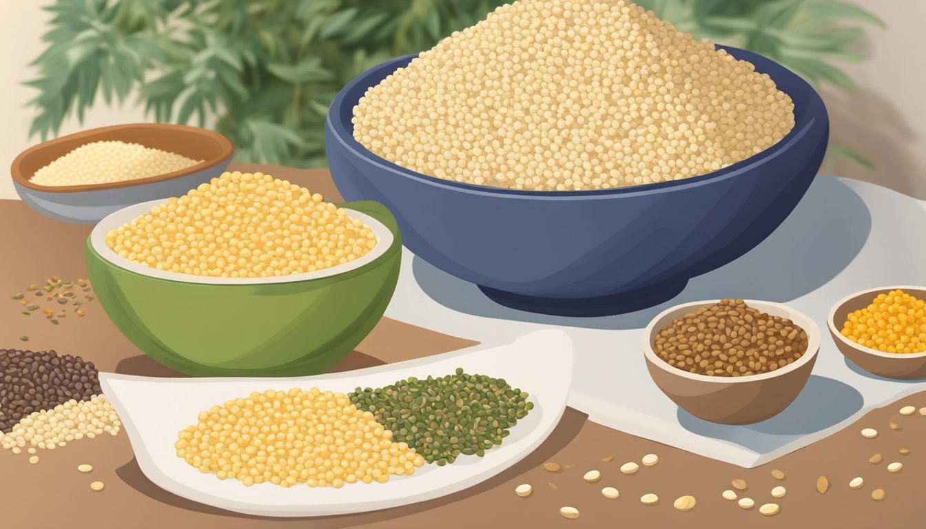 A bowl of Israeli couscous sitting next to a bowl of regular couscous, with various alternative grains and seeds scattered around them