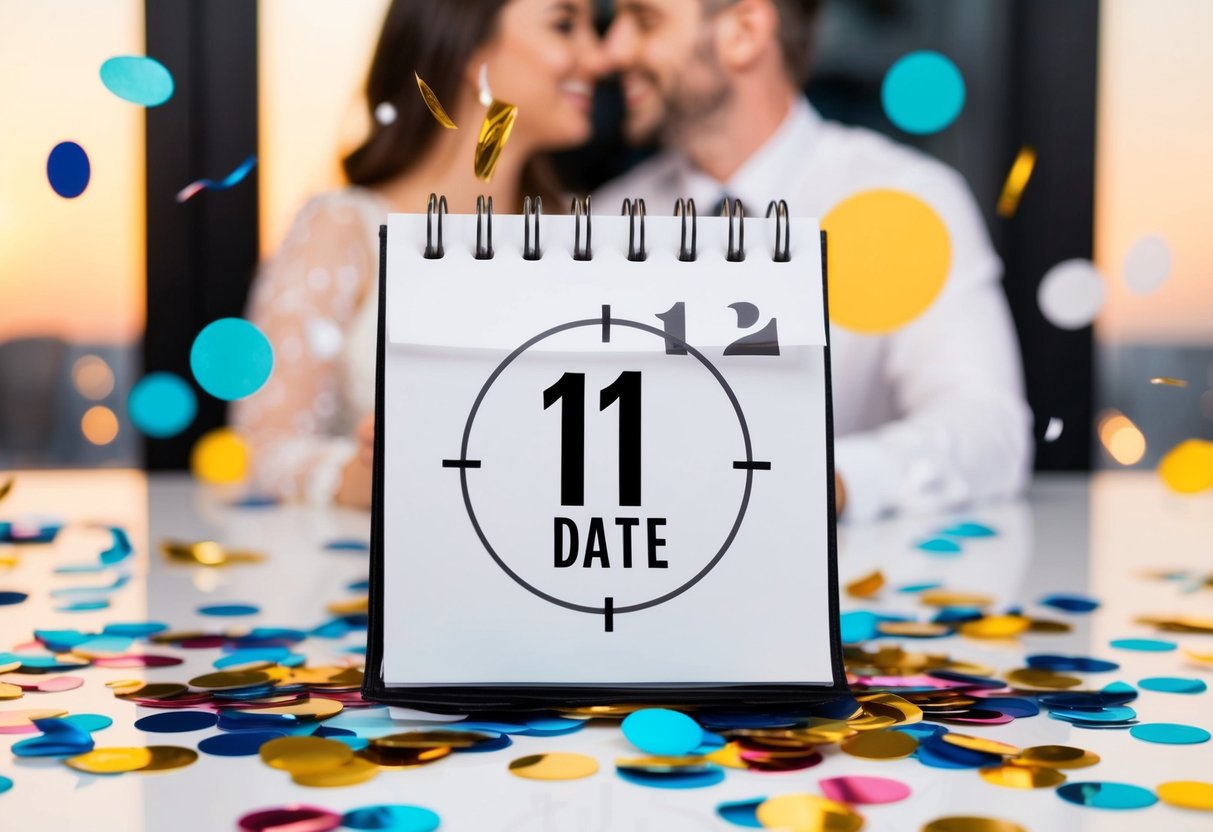 A calendar with a circle around the date, surrounded by confetti and a happy couple in the background