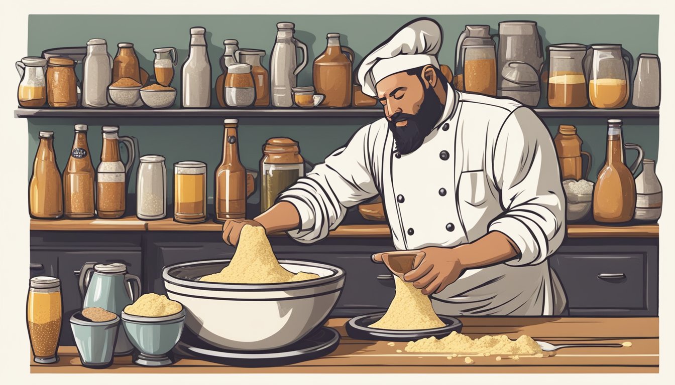 A chef pours India pale ale into a bowl of flour, eggs, and spices, stirring vigorously to create a thick, frothy beer batter