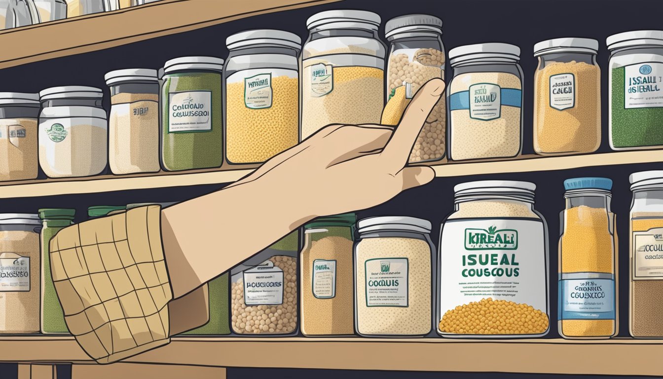 A hand reaching for a jar labeled "Israeli couscous" on a pantry shelf, next to a jar of regular couscous