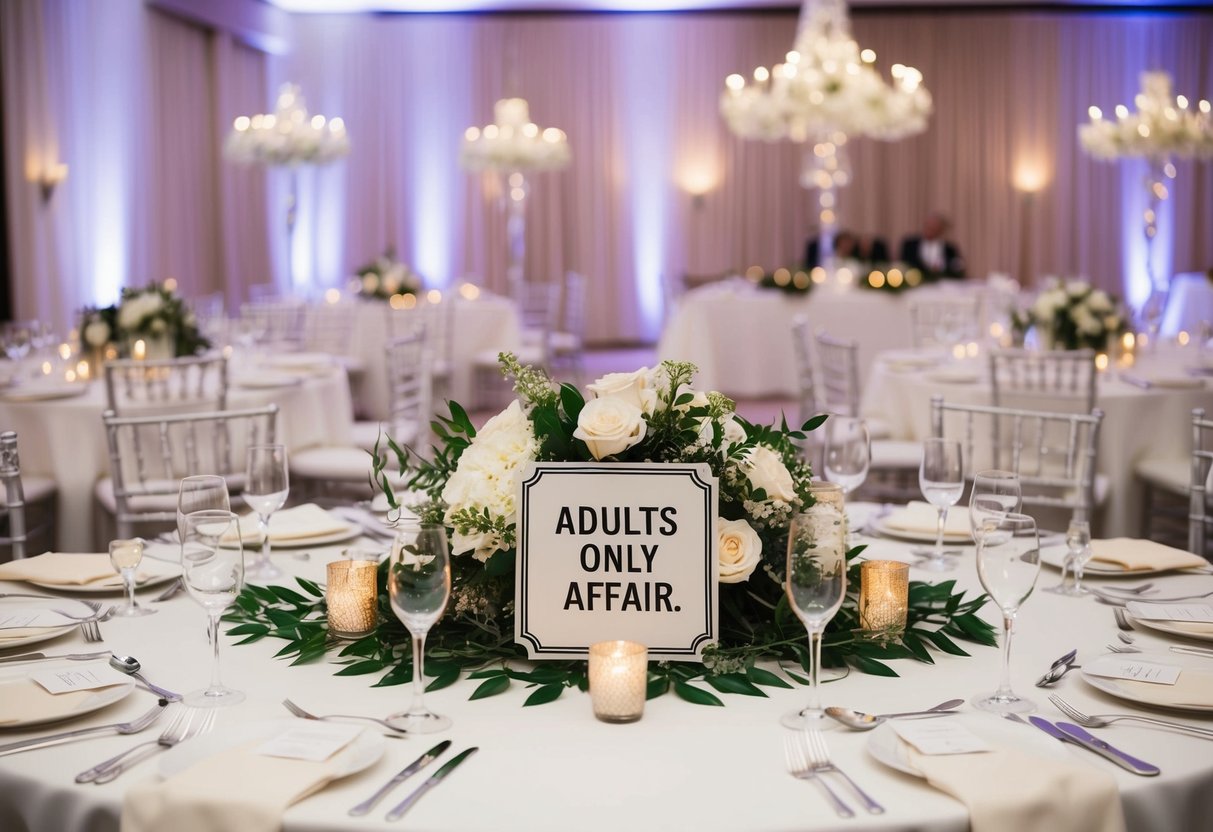 A beautifully decorated wedding reception venue with elegant place settings and a sign indicating "Adults Only Affair."
