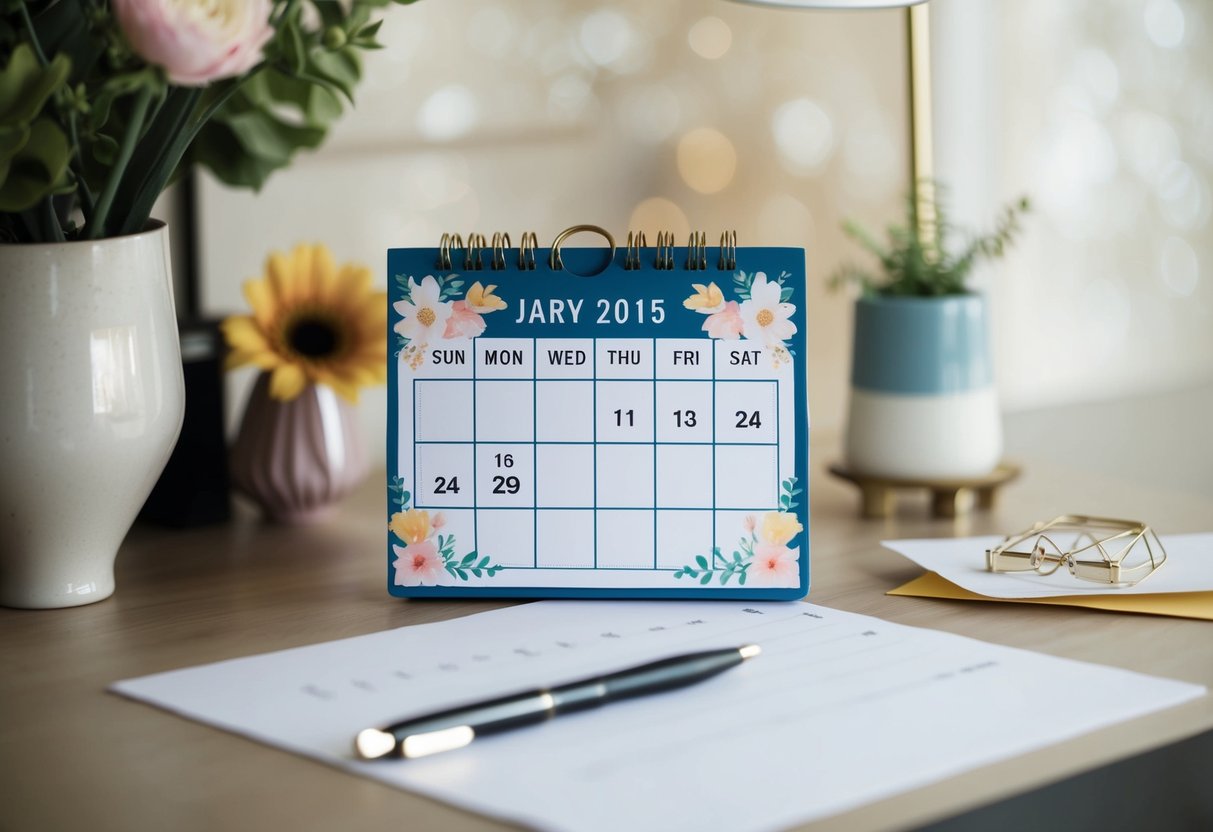 A calendar with a marked date, surrounded by floral and decorative elements, sits on a desk with a pen and envelope nearby