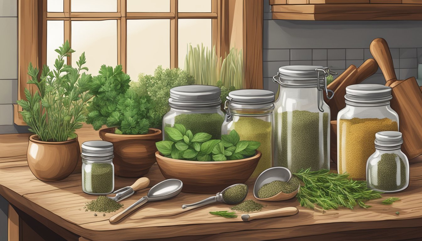 A rustic kitchen counter with jars of herbs, a mortar and pestle, and measuring spoons. Italian seasoning and herbes de Provence are being swapped