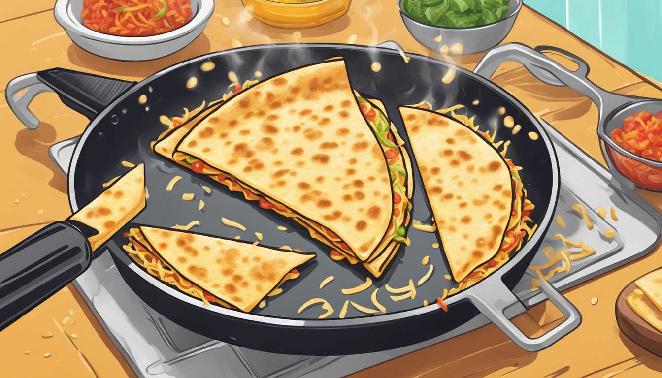 A quesadilla being made with shredded jack cheese being sprinkled onto a sizzling hot skillet, as it starts to melt and bubble