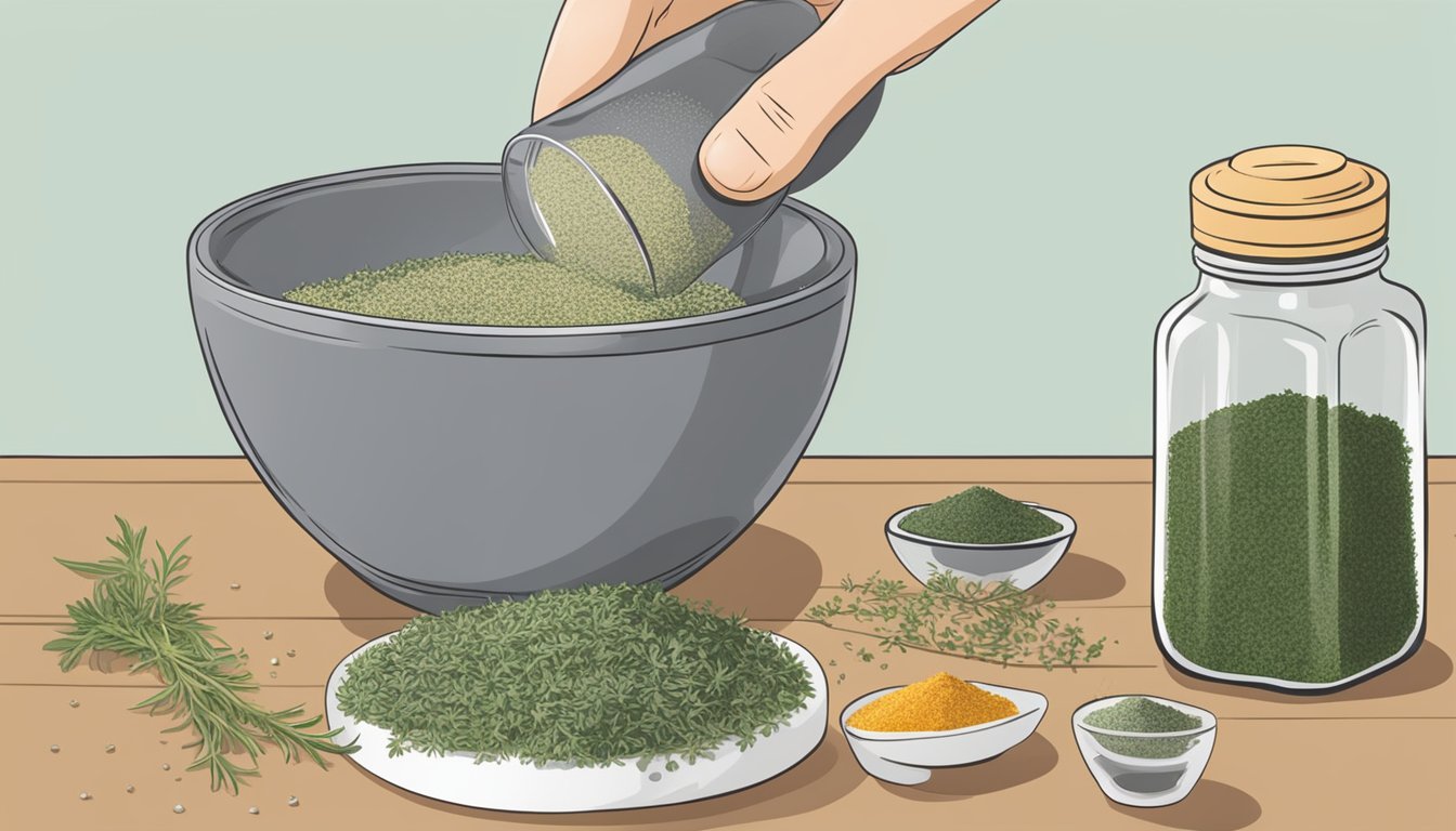 A hand sprinkling Italian seasoning into a mixing bowl, next to a jar of Herbes de Provence