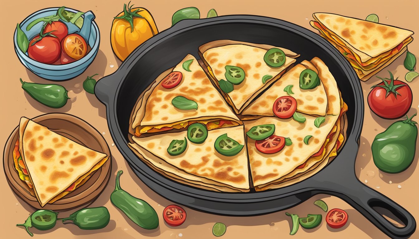 A sizzling skillet with bubbling quesadillas, oozing with melted jack cheese replacing cheddar, surrounded by colorful ingredients like tomatoes and jalapeños