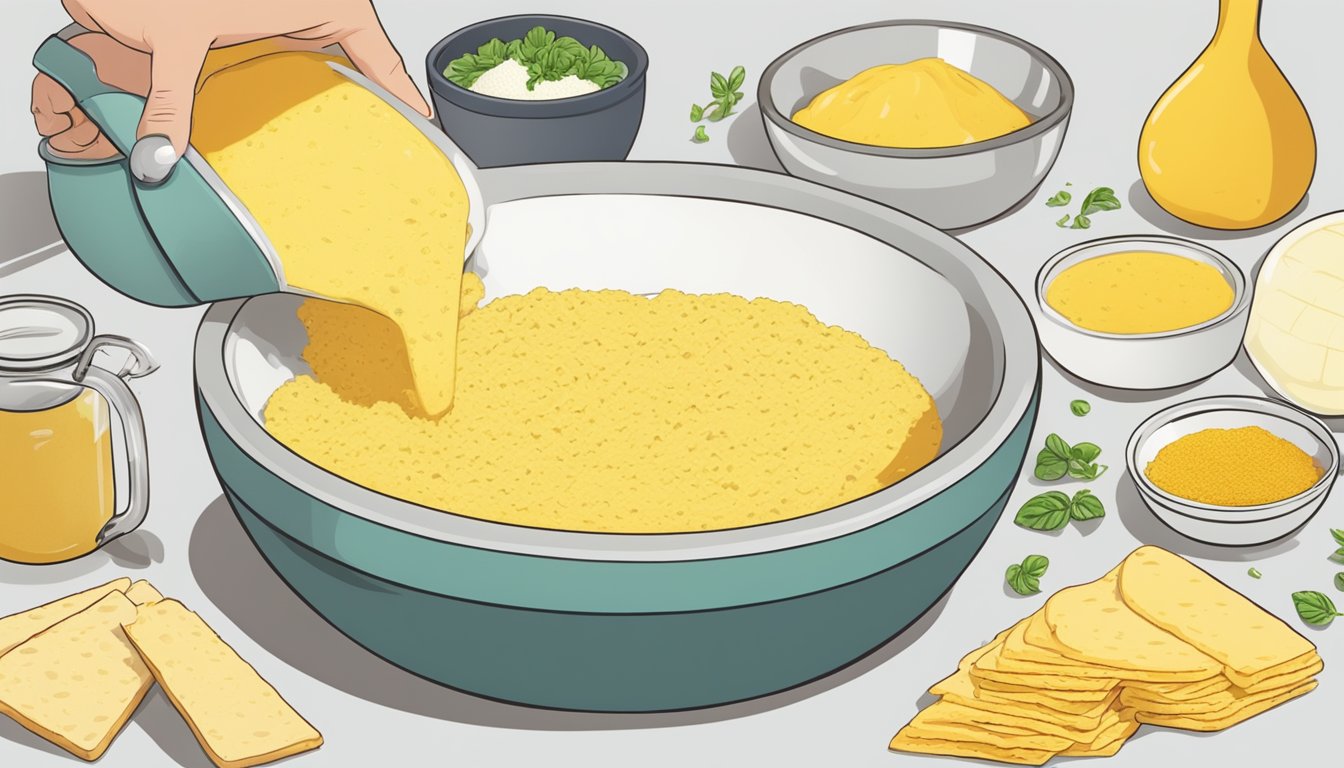 A bowl of instant polenta pouring into a mixing bowl of ingredients for a recipe