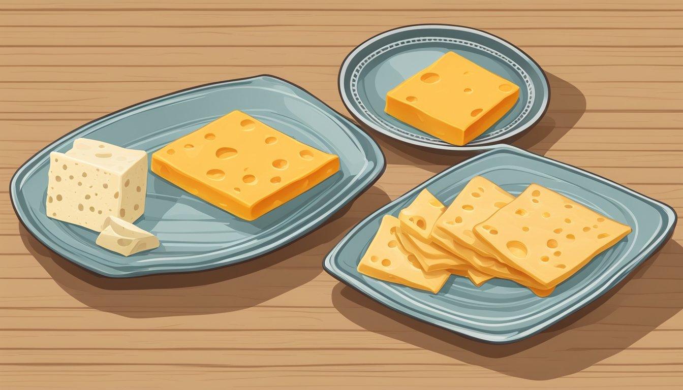 A plate of quesadillas with various types of jack cheese, next to a block of cheddar. Characteristics of each cheese are labeled