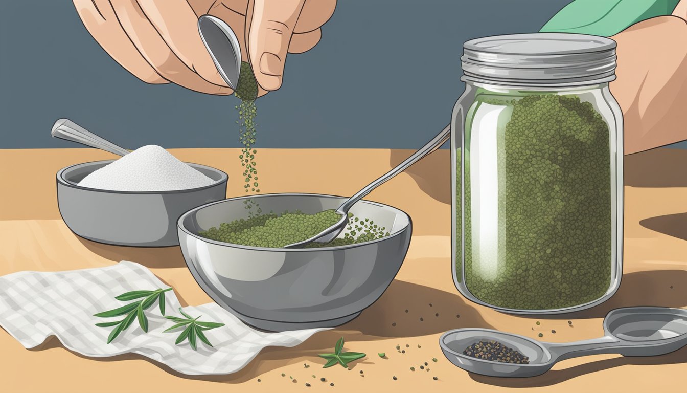 A hand pouring italian seasoning into a measuring spoon, next to a jar of herbes de provence on a kitchen counter