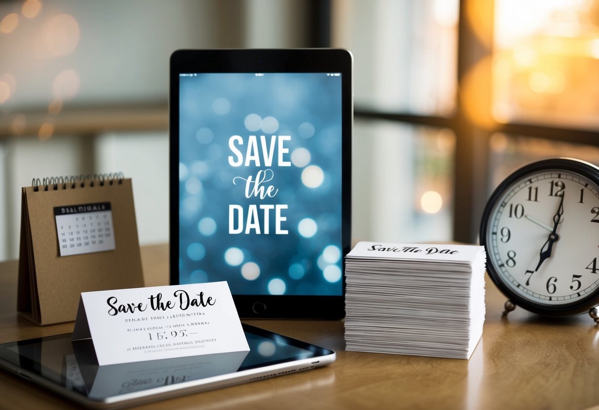 A digital tablet and a stack of traditional save the date cards sit on a table, with a calendar and a clock nearby
