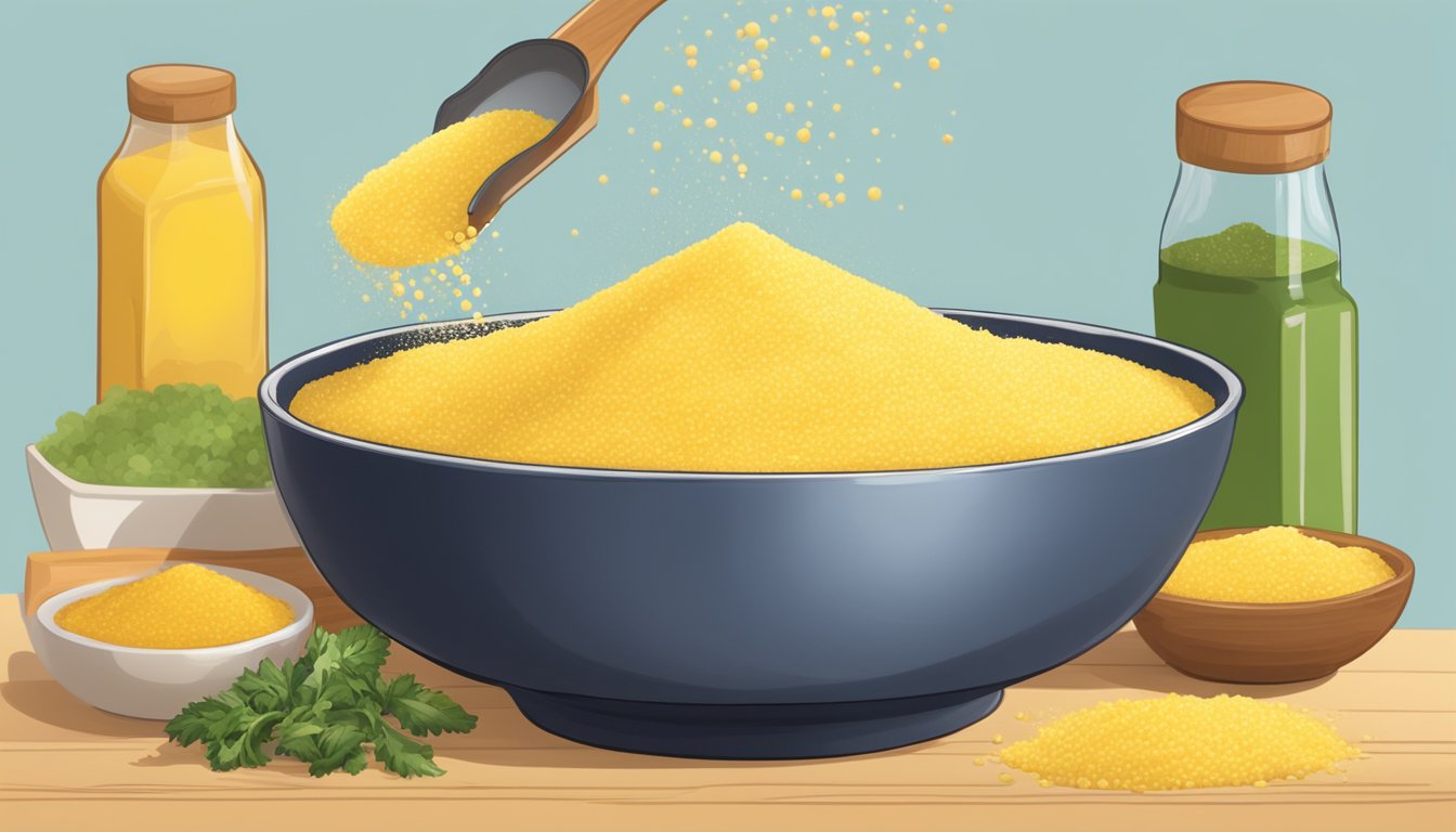 A bowl of instant polenta pouring into a mixing bowl of ingredients, with a bag of cornmeal in the background