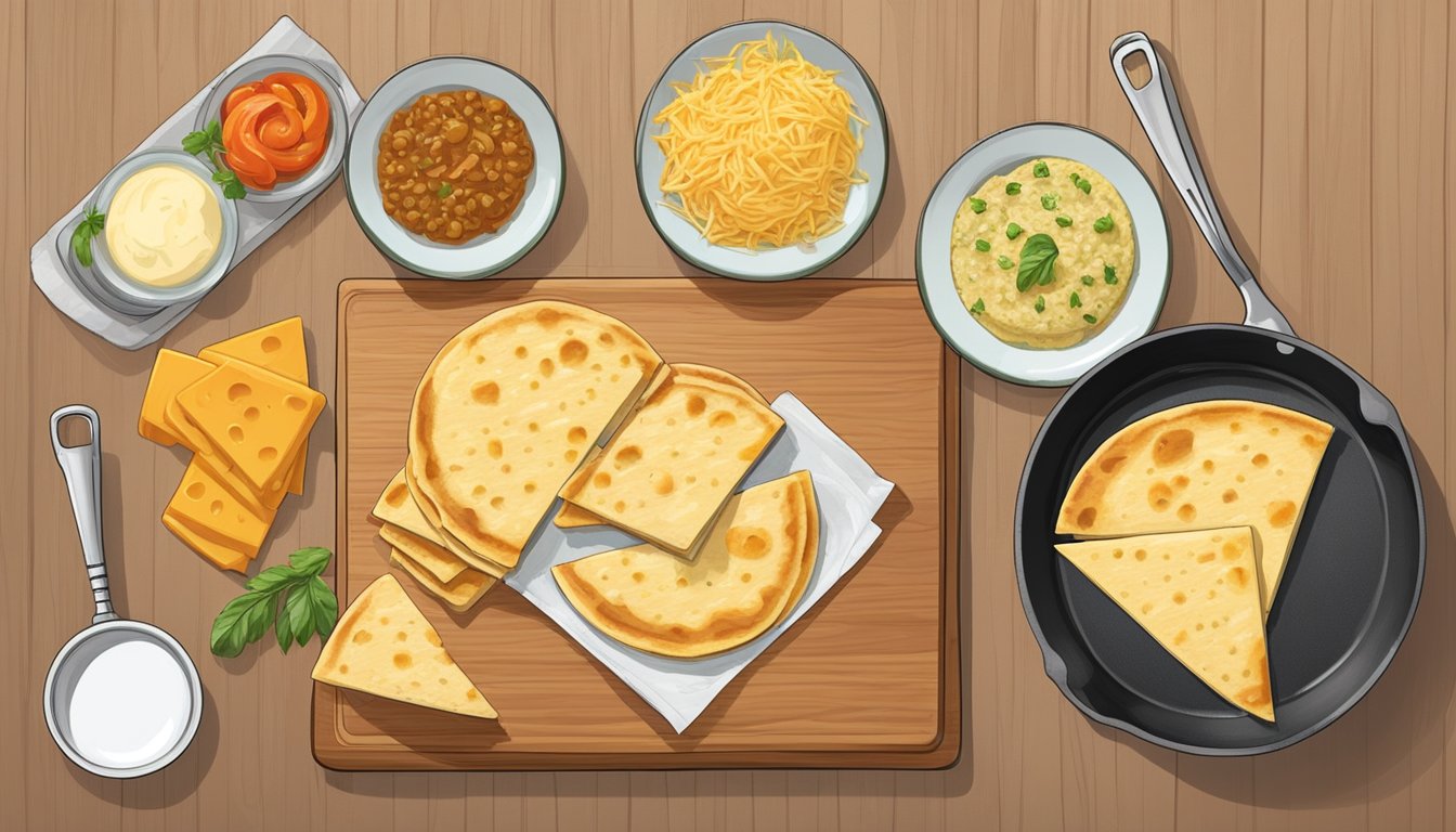 A cutting board with various cheese alternatives, a quesadilla cooking on a skillet, and a plate of finished quesadillas with jack cheese substitutes