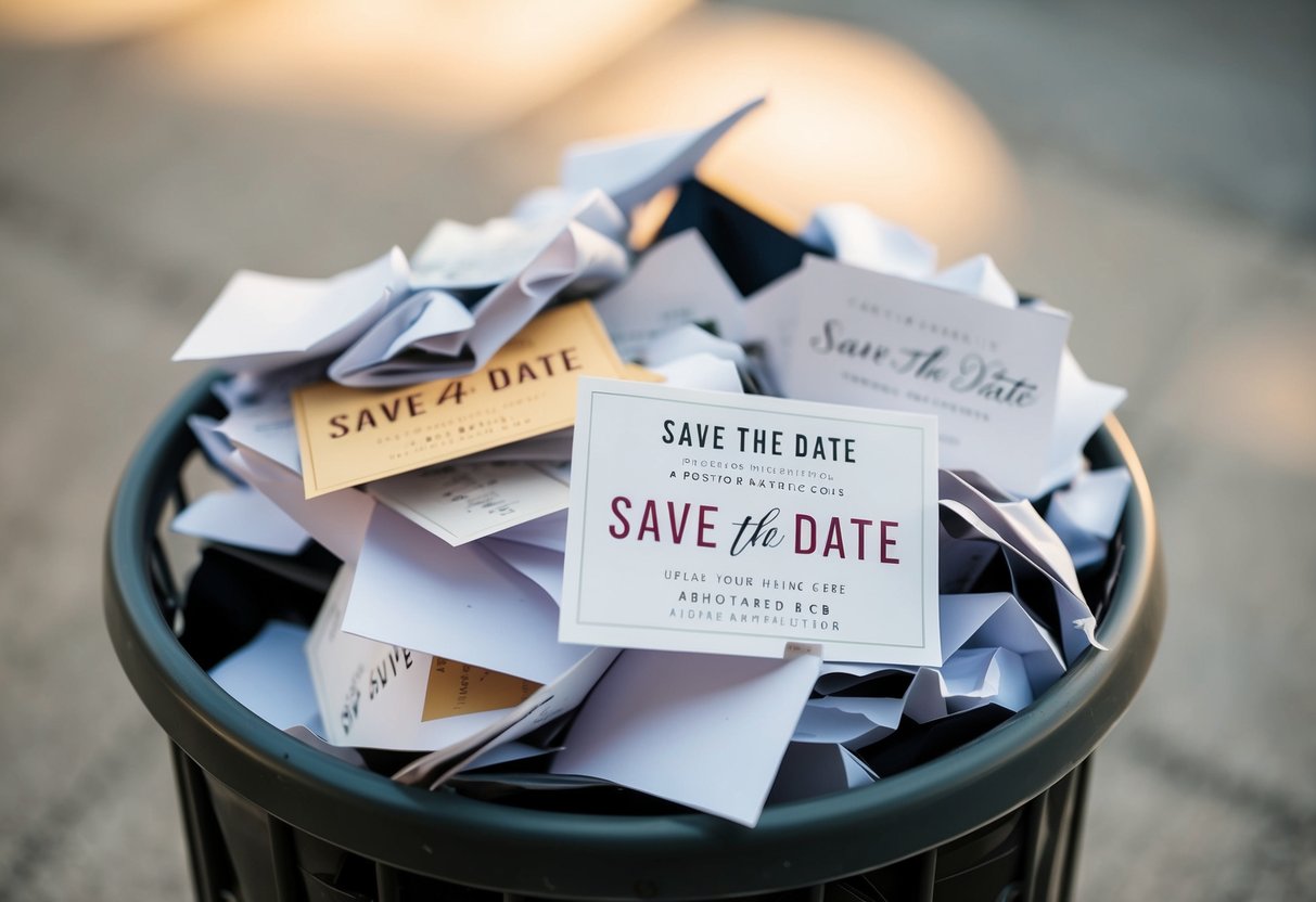 A pile of torn and crumpled save the date cards in a wastebasket
