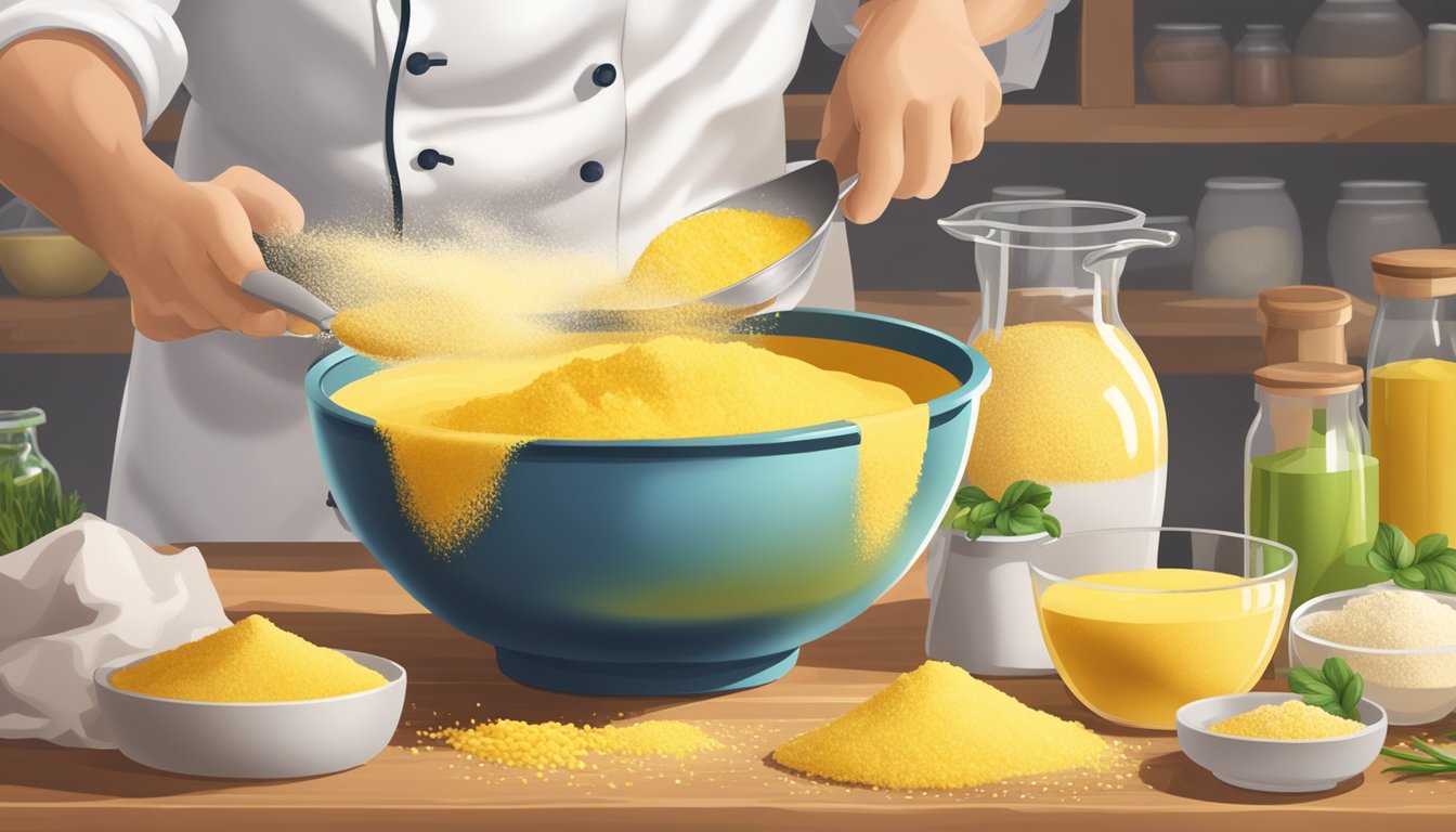 A chef pouring instant polenta into a mixing bowl, next to a bag of cornmeal, with various cooking utensils and ingredients scattered around