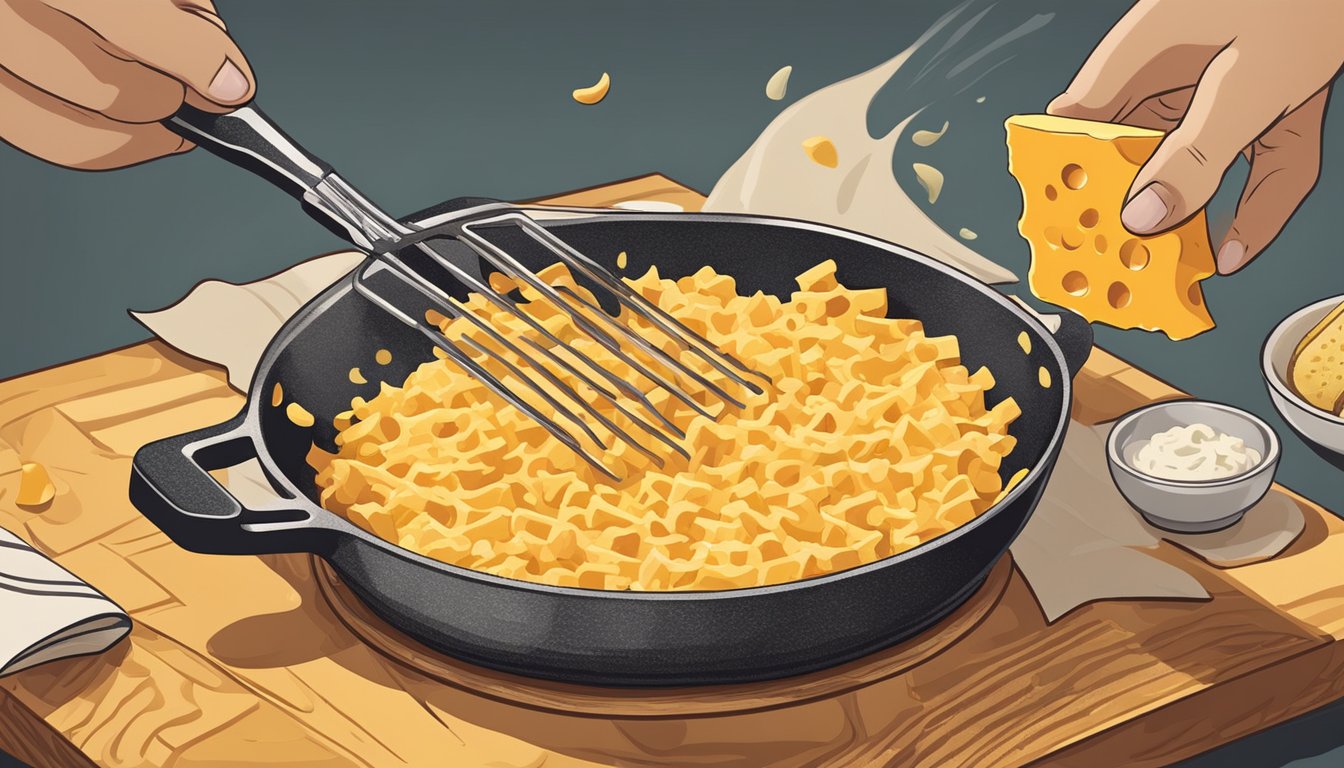 A hand grating cheddar cheese onto a sizzling skillet with tortillas