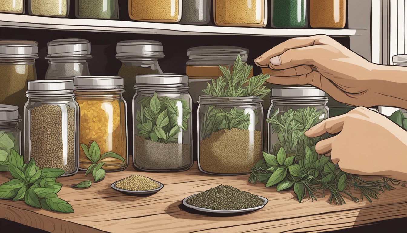 A kitchen counter with various jars of herbs and spices, including Italian seasoning and herbes de provence. A hand reaching for the jars