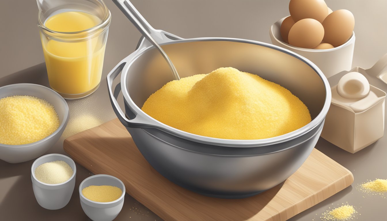 A bag of instant polenta pouring into a mixing bowl, alongside a bag of cornmeal. Ingredients such as eggs, milk, and butter are also present