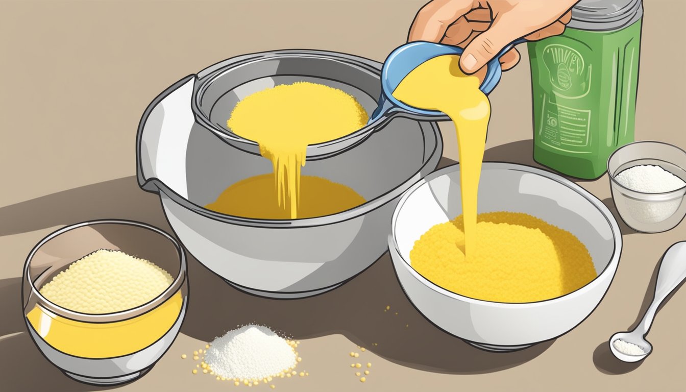 A bag of instant polenta being poured into a mixing bowl, with a measuring spoon and a bag of cornmeal nearby