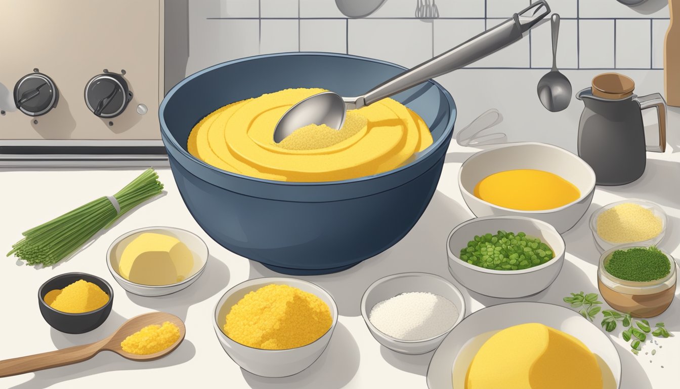 A bowl of instant polenta pouring into a mixing bowl with various cooking utensils and ingredients scattered around on a kitchen counter