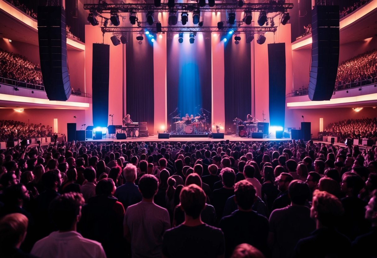 A crowded concert hall with a stage and a booming sound system