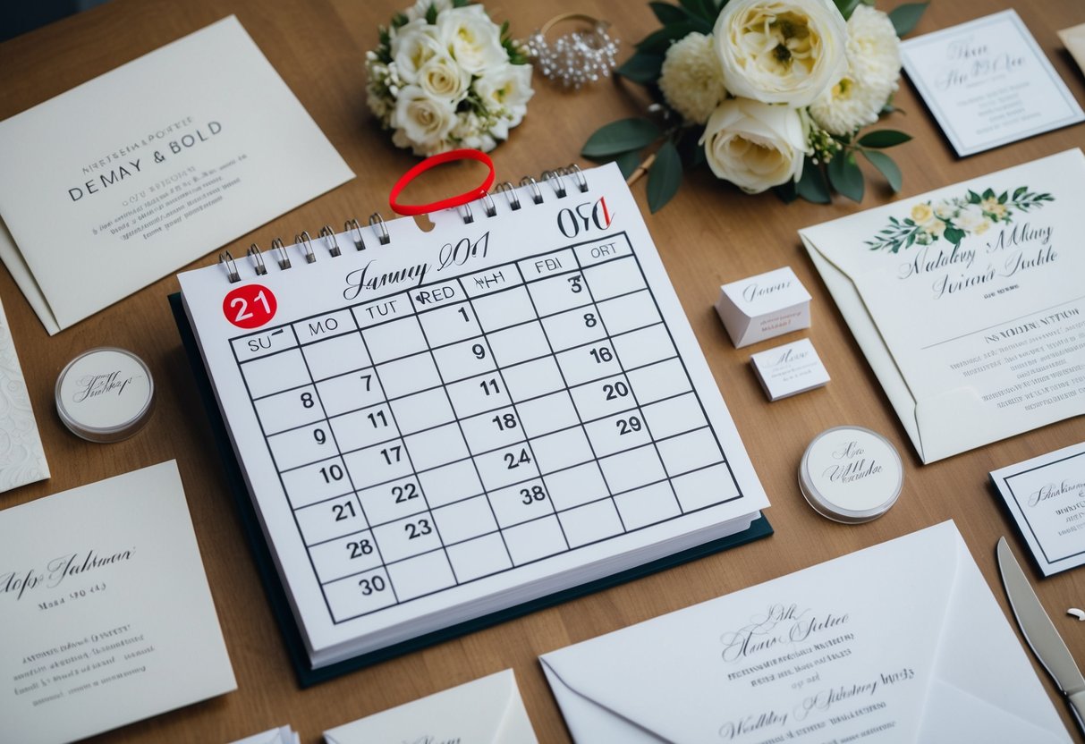 A calendar with the date of the wedding circled in red, surrounded by various wedding invitation designs and envelopes