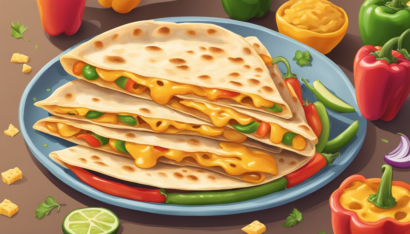 Melted cheddar cheese oozes out of a golden brown quesadilla, with colorful peppers and onions peeking out from the edges