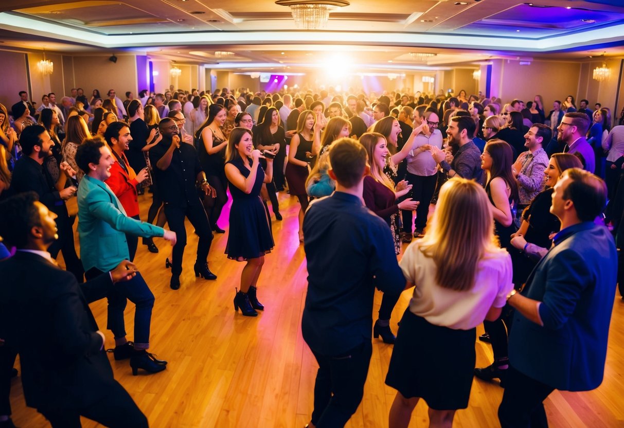 A crowded dance floor with people singing along to a band performing a lively, upbeat song