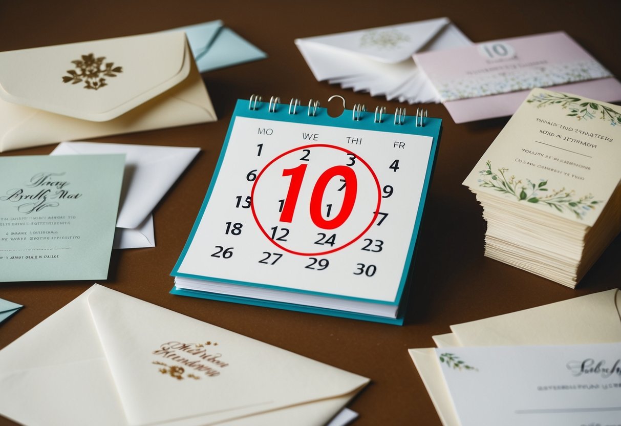 A calendar with the month "10" circled in red, surrounded by various wedding invitation designs and a stack of envelopes