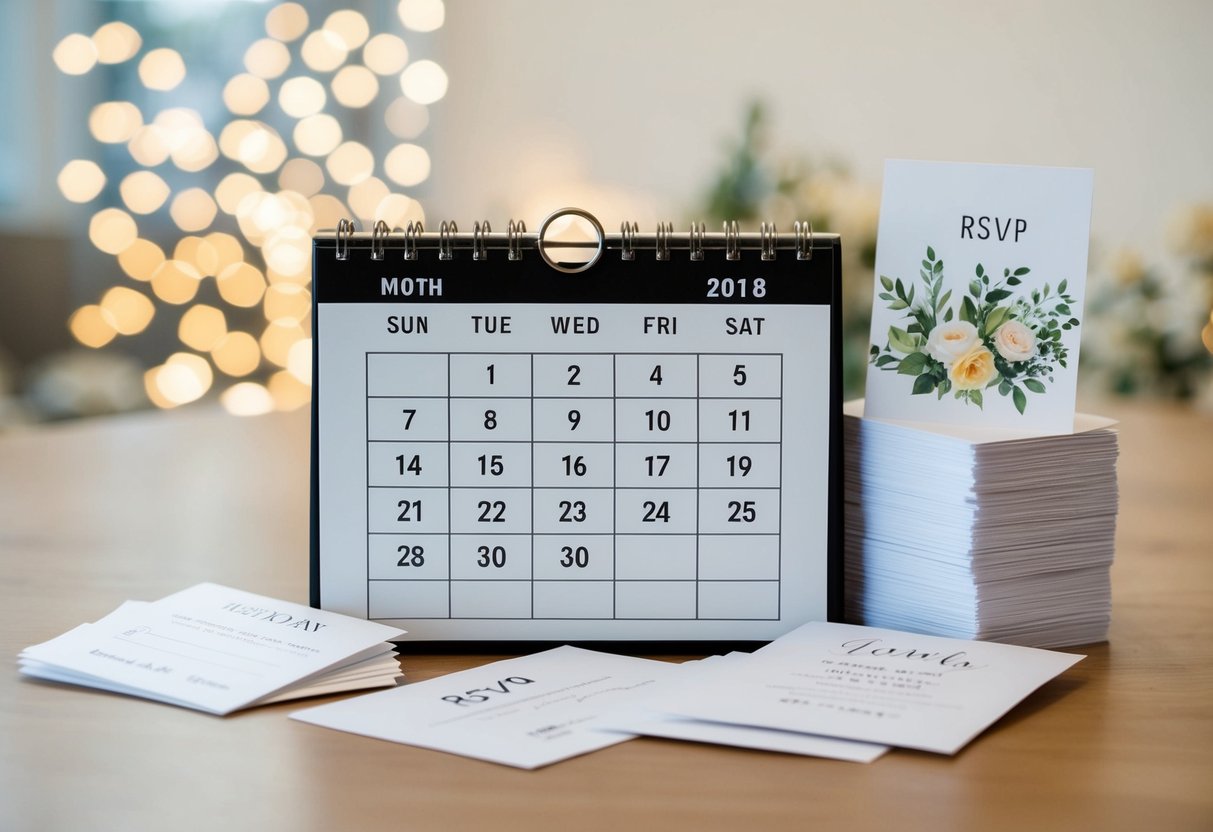 A calendar with the date 10 months in the future circled, surrounded by wedding invitation samples and a stack of RSVP cards