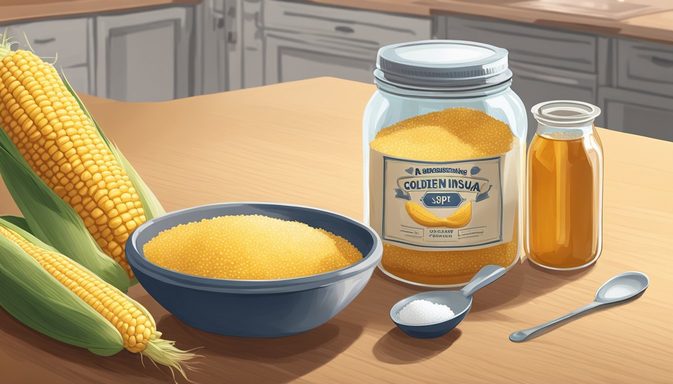 A glass jar of golden invert sugar sits next to a bottle of corn syrup on a kitchen counter. A measuring spoon hovers over the open jar, ready to scoop out the substitute