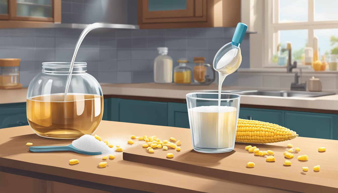 A glass jar of invert sugar being poured into a measuring cup, with a bottle of corn syrup sitting next to it on a kitchen counter