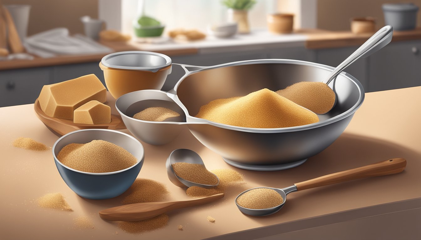 A kitchen counter with jaggery and brown sugar next to each other, with measuring spoons and a mixing bowl nearby