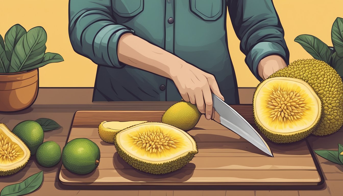 A person holding a ripe jackfruit, a cutting board, and a knife, preparing to slice and remove the fruit's flesh to use as a substitute for pulled pork