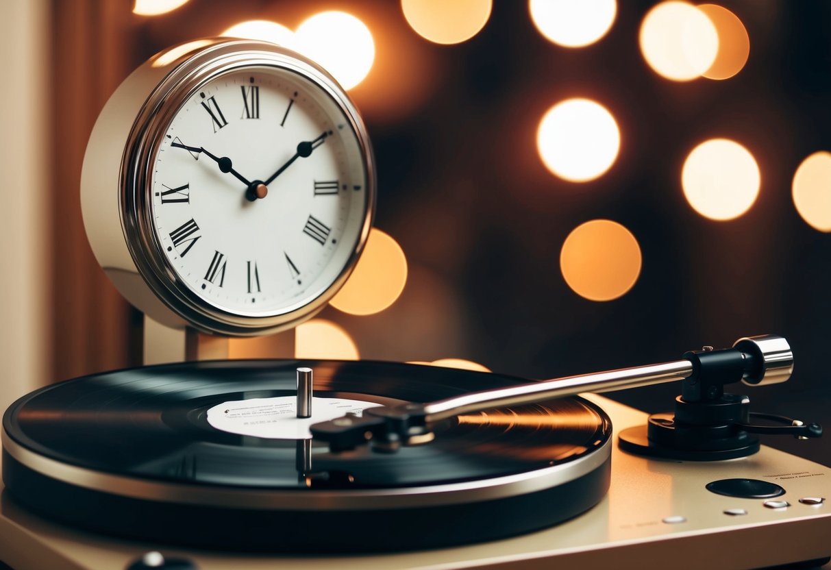 A clock ticking at midnight with a record spinning on a turntable