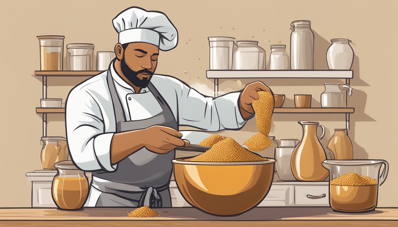 A chef pouring jaggery into a mixing bowl, next to a bag of brown sugar