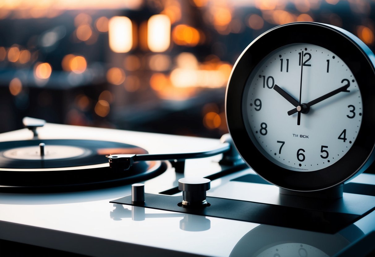 A clock showing 1:05 with a record spinning on a turntable