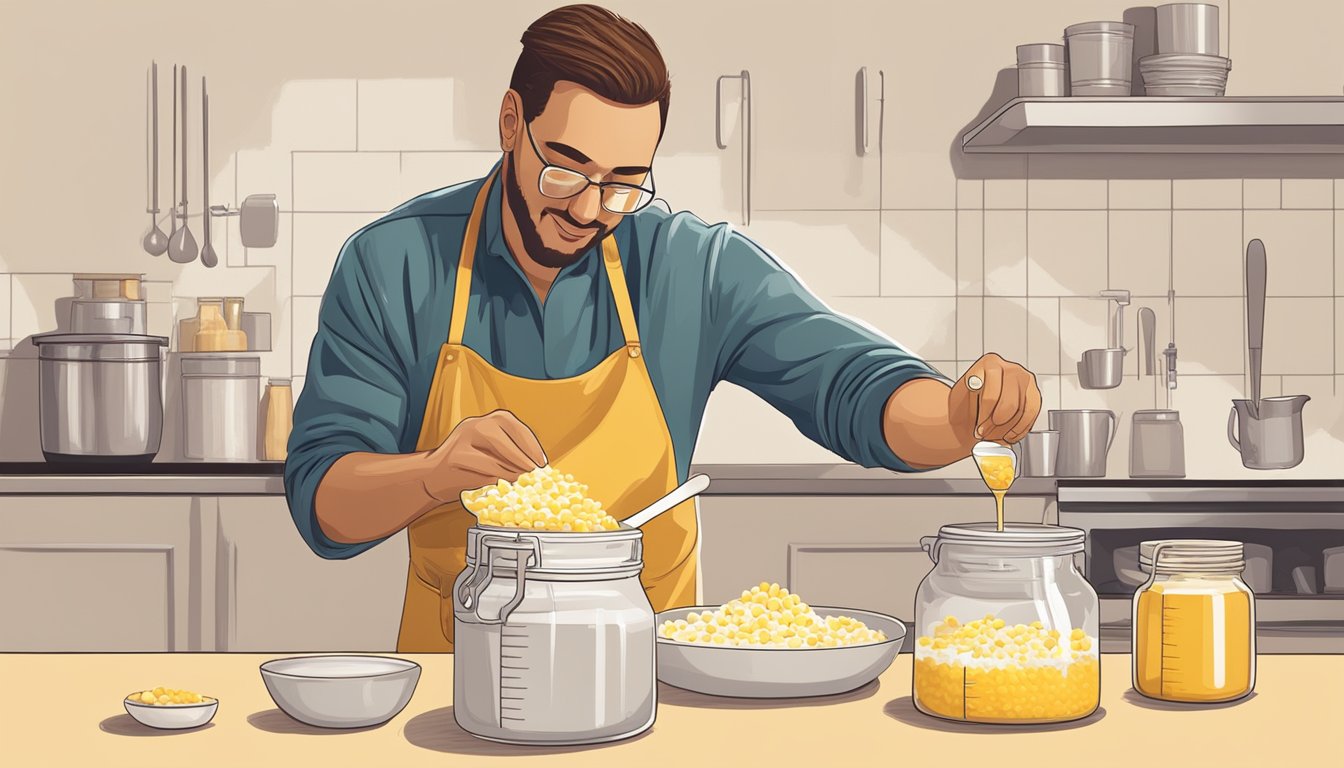 A pastry chef pours a golden, viscous liquid from a jar labeled "invert sugar" into a measuring cup, with a bottle of corn syrup nearby