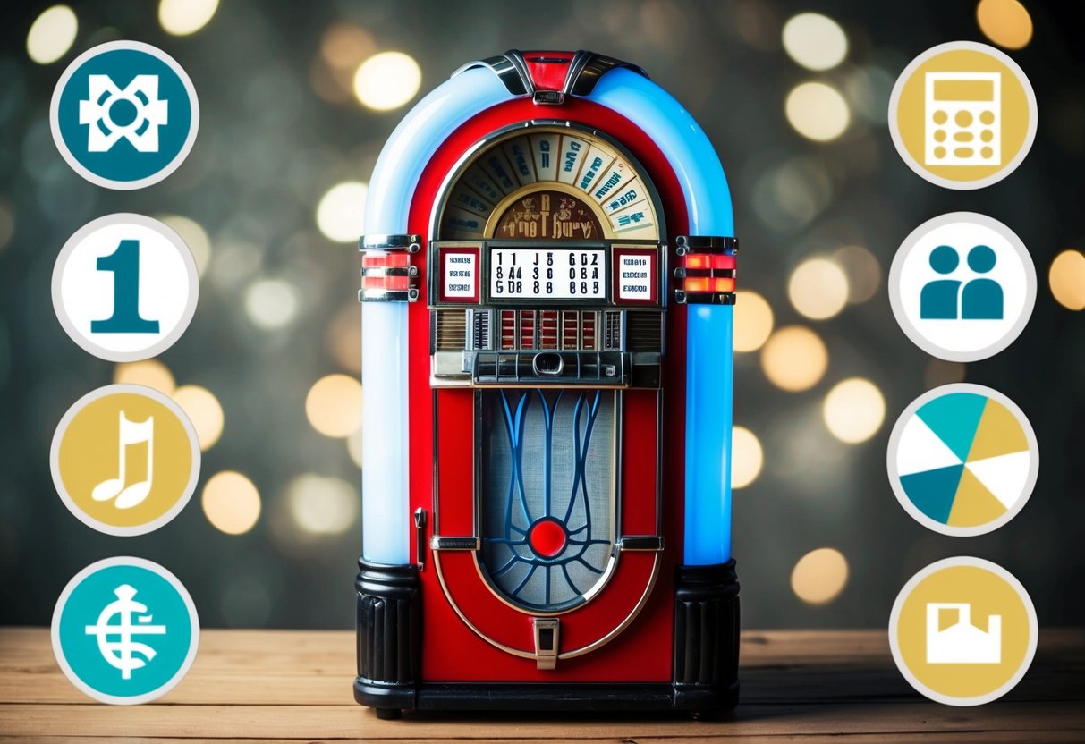 A vintage jukebox playing the shortest number one hit song, surrounded by diverse cultural symbols and icons