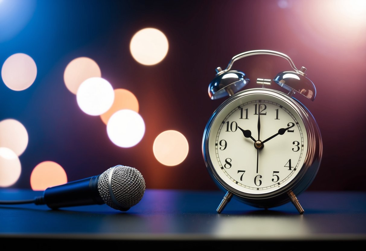 A clock striking midnight with a lone microphone on a stage