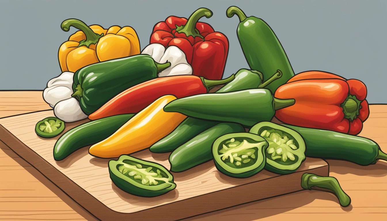 A variety of peppers arranged on a cutting board, with a jalapeno being swapped out for a serrano pepper in a recipe