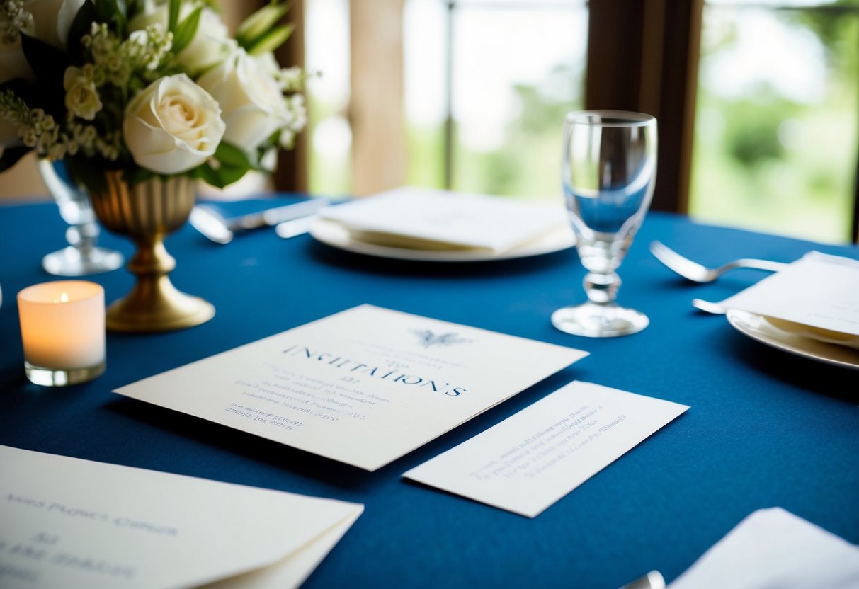 A table set with elegant invitations and a pen, with a gentle reminder note placed next to them