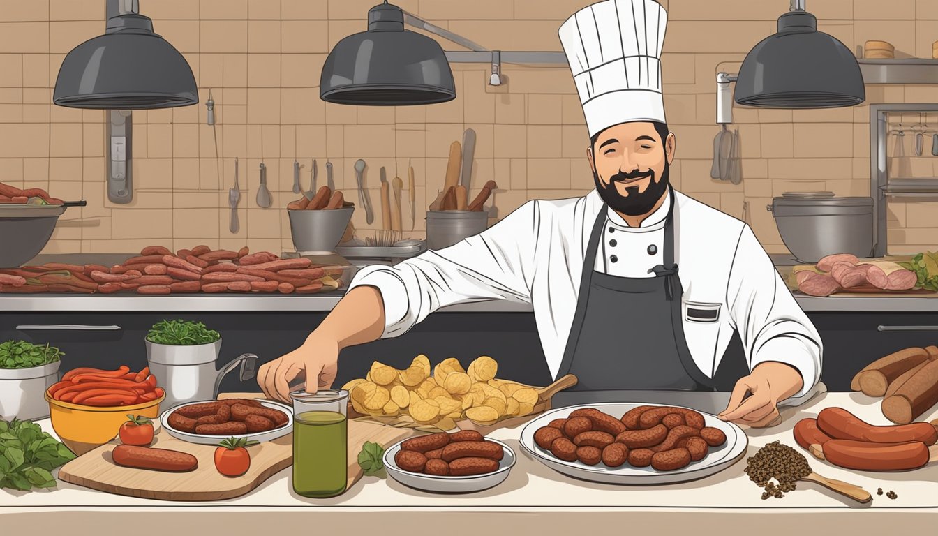 A table with various ingredients laid out, including Italian sausage and chorizo, with a chef comparing their aroma and appearance