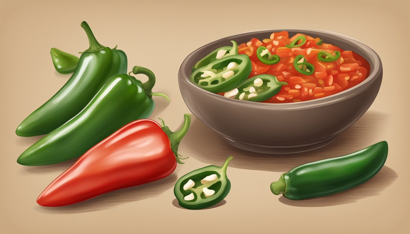 A bowl of salsa with a serrano pepper on one side and a jalapeño on the other, showcasing the key differences between the two peppers