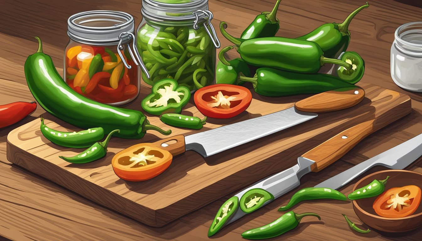 Fresh serrano peppers being replaced with vibrant jalapenos in a rustic kitchen setting. A chef's knife and cutting board are present, along with various preserving jars and ingredients