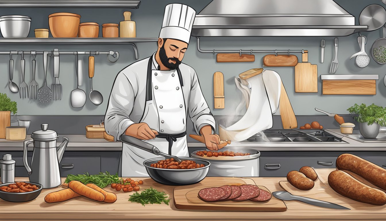 A chef swaps out chorizo for Italian sausage, adjusting texture and fat content. Ingredients and cooking utensils are laid out on a kitchen counter