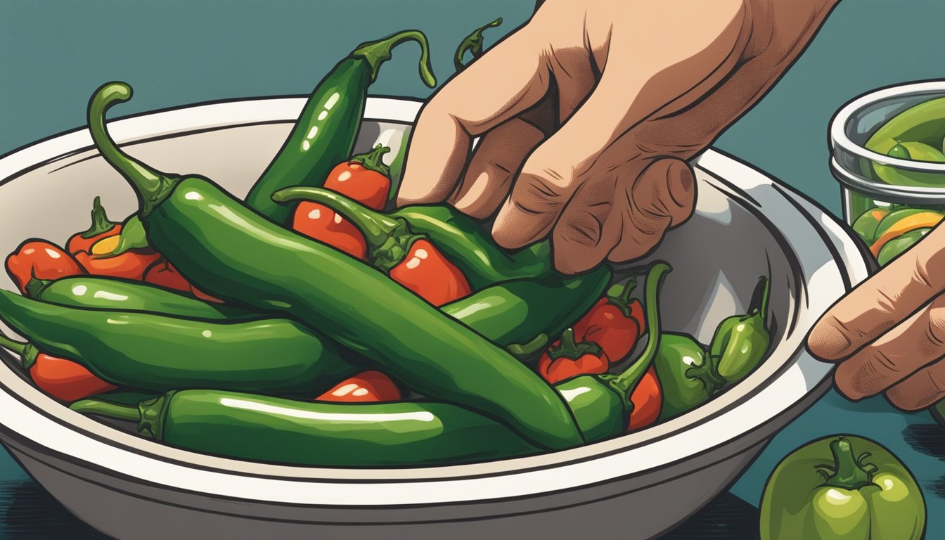 A hand reaching for a jalapeño pepper to replace serrano peppers in a bowl of salsa