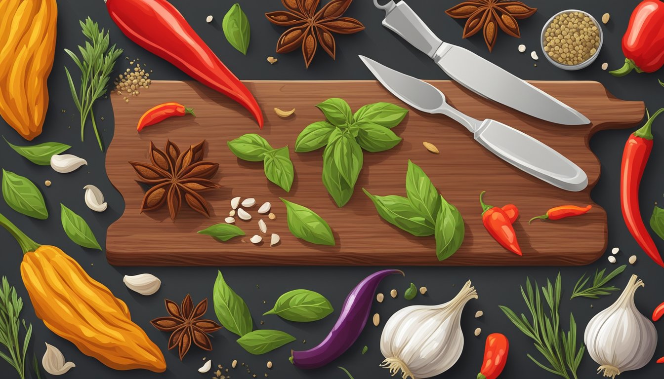 A colorful array of herbs and spices, including paprika, cumin, and oregano, are scattered across a wooden cutting board, alongside fresh garlic and chili peppers