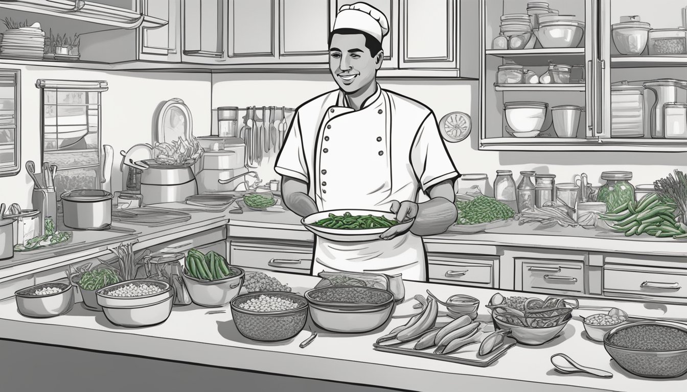 A chef swaps out serrano peppers for jalapeños in a vibrant kitchen, surrounded by fresh ingredients and cooking utensils. A bowl of salsa sits on the counter, waiting to be enjoyed