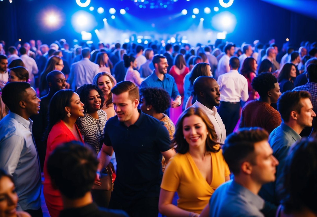 A crowded dance floor with diverse people moving to the rhythm of a universally recognized song