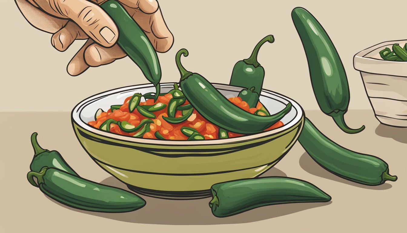 A hand reaching for a serrano pepper, then exchanging it for a jalapeño. A bowl of salsa sits nearby